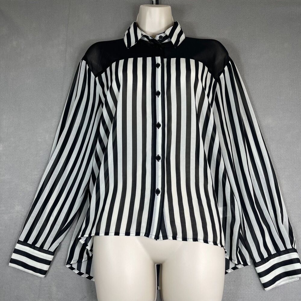 Anthropologie Yaya Nom de Plume Blouse Small Top Black White Sheer Striped Shirt